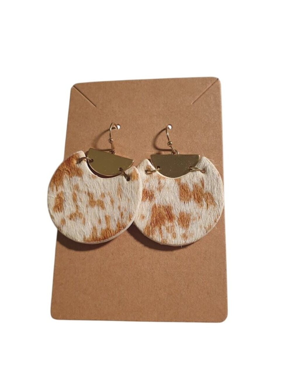 Cowhide Fur Earrings Round Dangle Gold Accent Hook Drop Farmer Handmade Jewelry